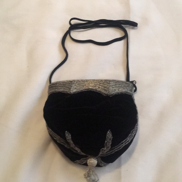 Black Velvet (Vintage) w/ Silver Beads Evening Bag - Picture 1 of 4